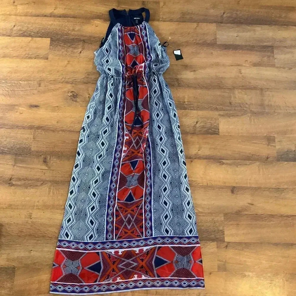 Nine West Womens Sleeveless Printed Drawstring Gathered Neck Maxi‎ Dress Sz. 4 - Picture 2 of 8